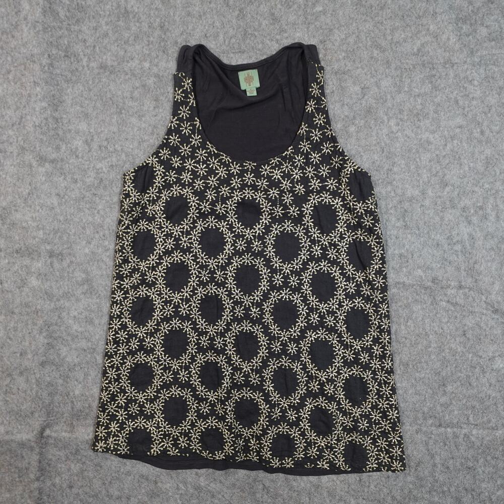Anthropologie Top Womens Small Tank HRW Monogram Embroidered Scoop‎ Neck Black